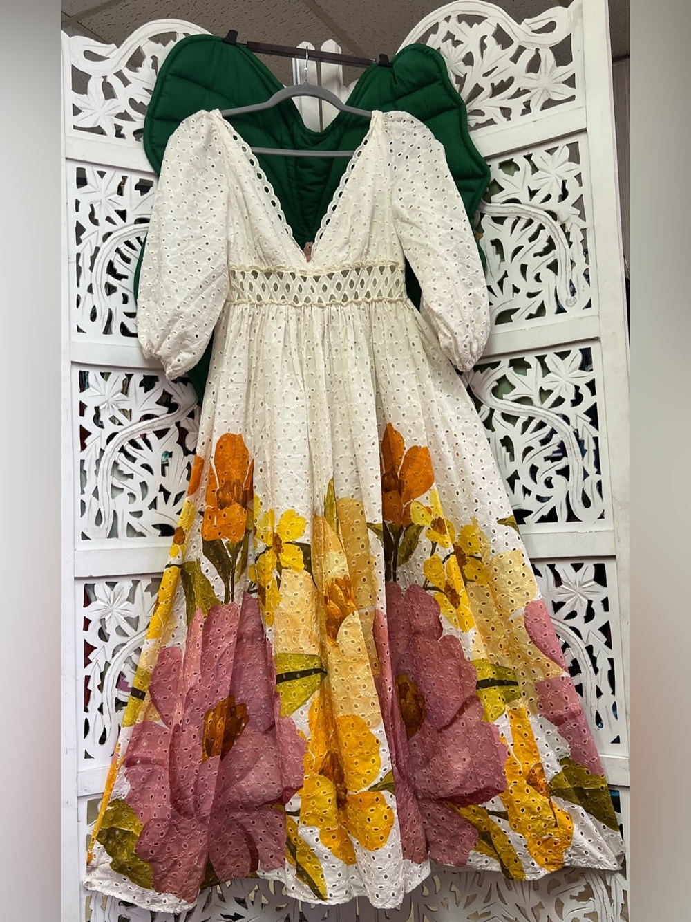 Farm Rio cream eyelet 3/4 puff sleeve floral maxi dress, size M. flowers at hem.